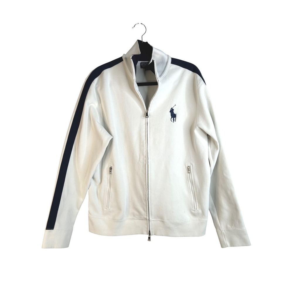Polo Ralph Lauren Men;s White Navy Stripe Full Zip Track Jacket Size Medium